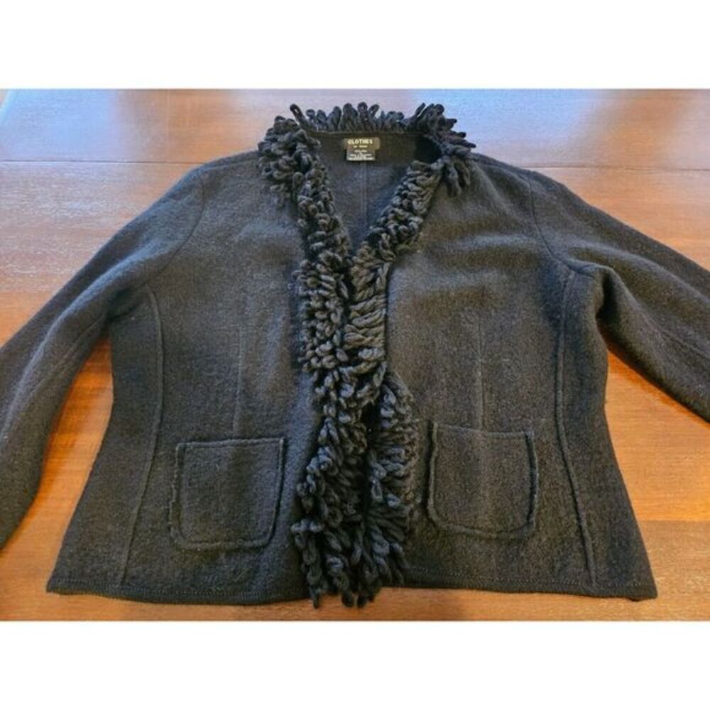 Clothes by Revue Cardigan Jacket Women XL Black Wool Loop Fringe Trim Pockets